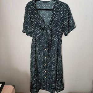 SHEIN Dress Maxi Tie Front Polka Dot Print Green White Buttons Casual Neutral